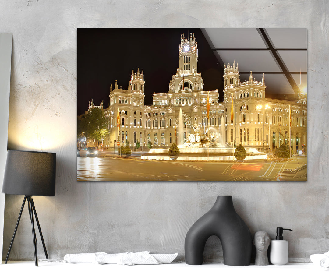 Cibeles Fountain Glass Wall Art – Iconic Madrid Landmark at Night