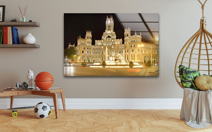 Cibeles Fountain Glass Wall Art – Iconic Madrid Landmark at Night