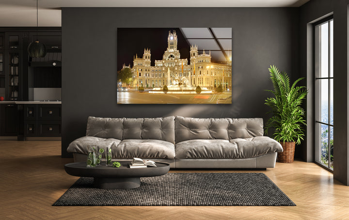 Cibeles Fountain Glass Wall Art – Iconic Madrid Landmark at Night