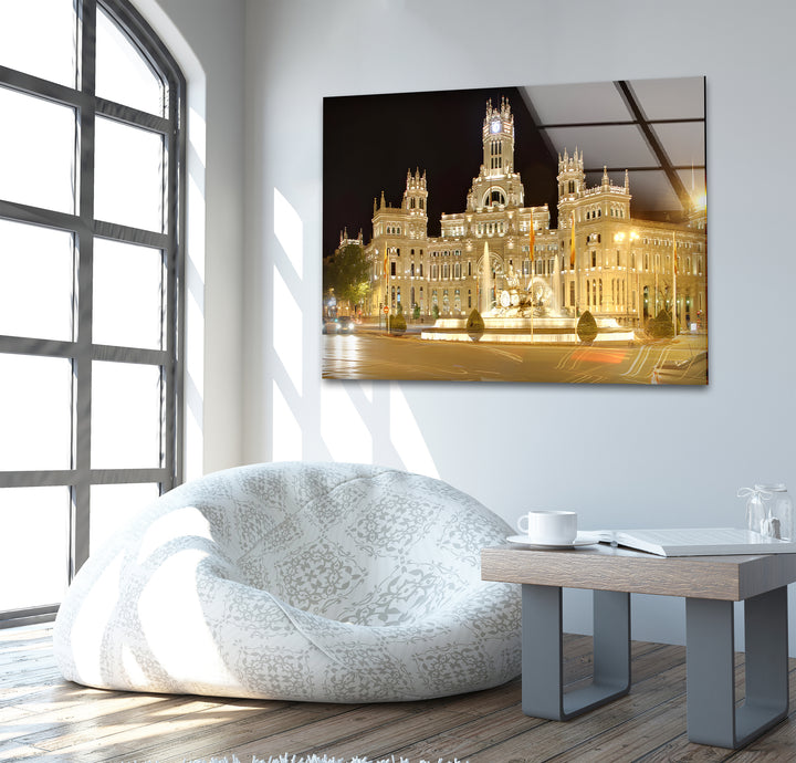 Cibeles Fountain Glass Wall Art – Iconic Madrid Landmark at Night