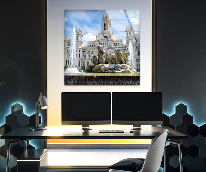 Cibeles Fountain Glass Wall Art – Majestic Madrid Landmark in Daylight