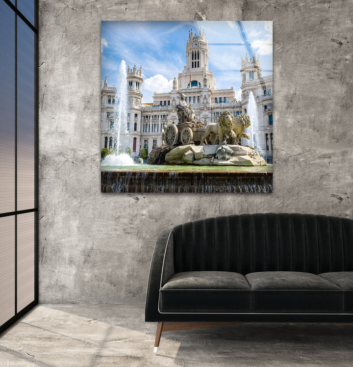 Cibeles Fountain Glass Wall Art – Majestic Madrid Landmark in Daylight