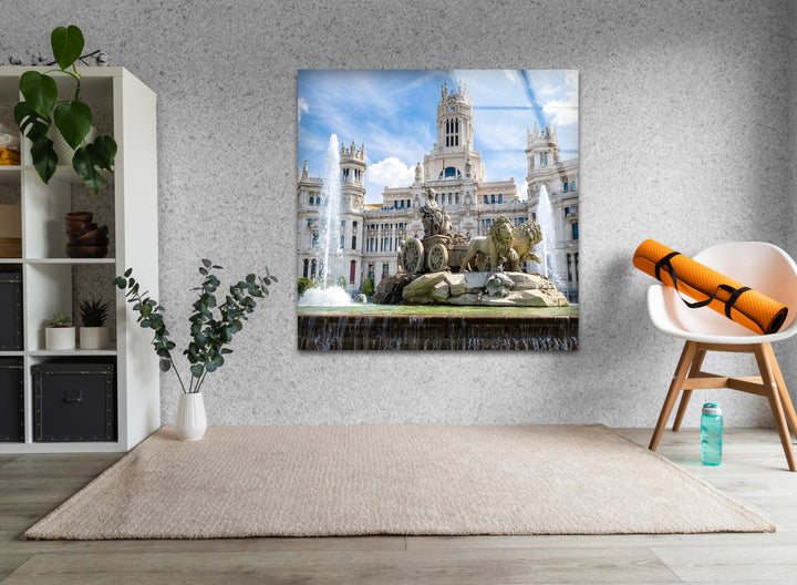 Cibeles Fountain Glass Wall Art – Majestic Madrid Landmark in Daylight