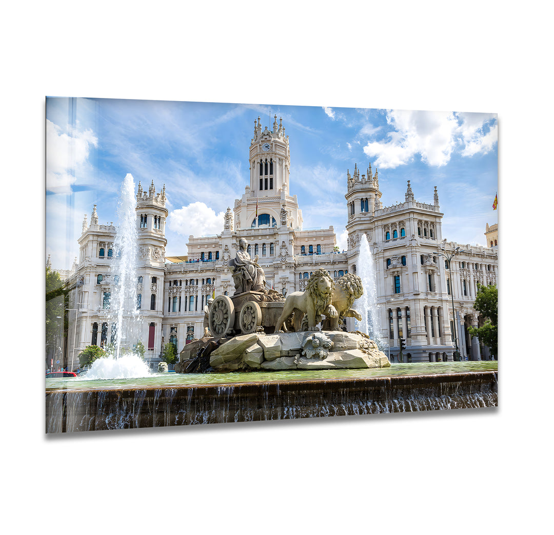 Cibeles Fountain Glass Wall Art – Majestic Madrid Landmark in Daylight