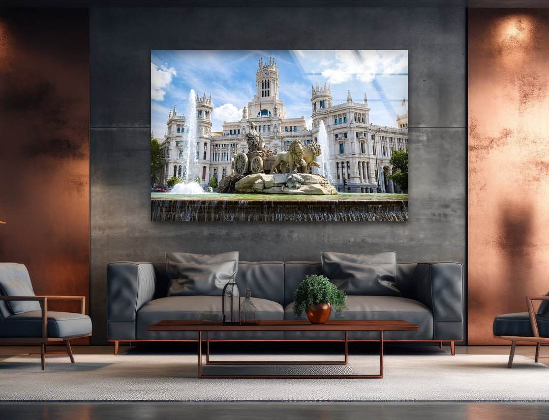 Cibeles Fountain Glass Wall Art – Majestic Madrid Landmark in Daylight