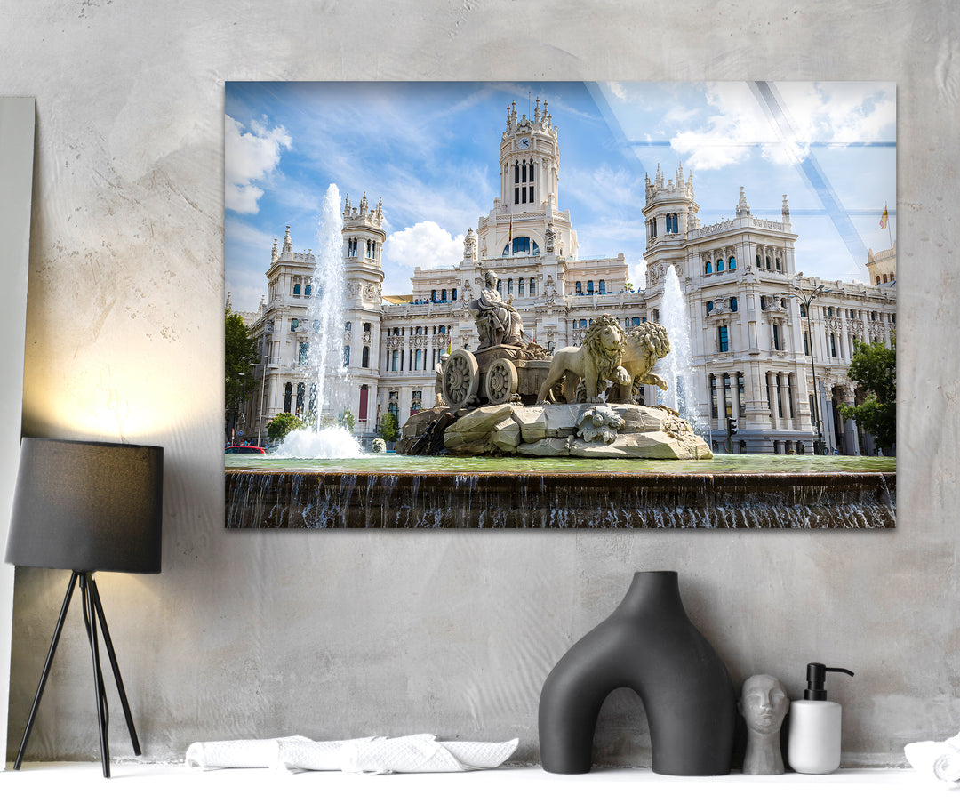 Cibeles Fountain Glass Wall Art – Majestic Madrid Landmark in Daylight