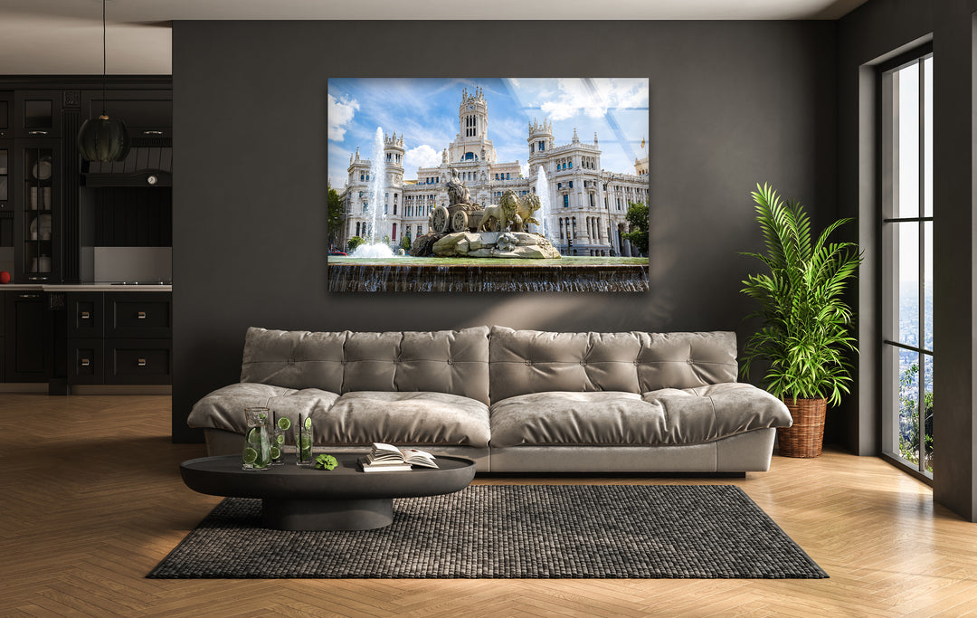 Cibeles Fountain Glass Wall Art – Majestic Madrid Landmark in Daylight