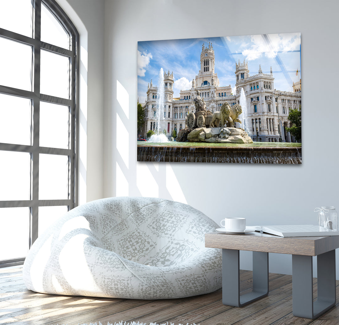 Cibeles Fountain Glass Wall Art – Majestic Madrid Landmark in Daylight