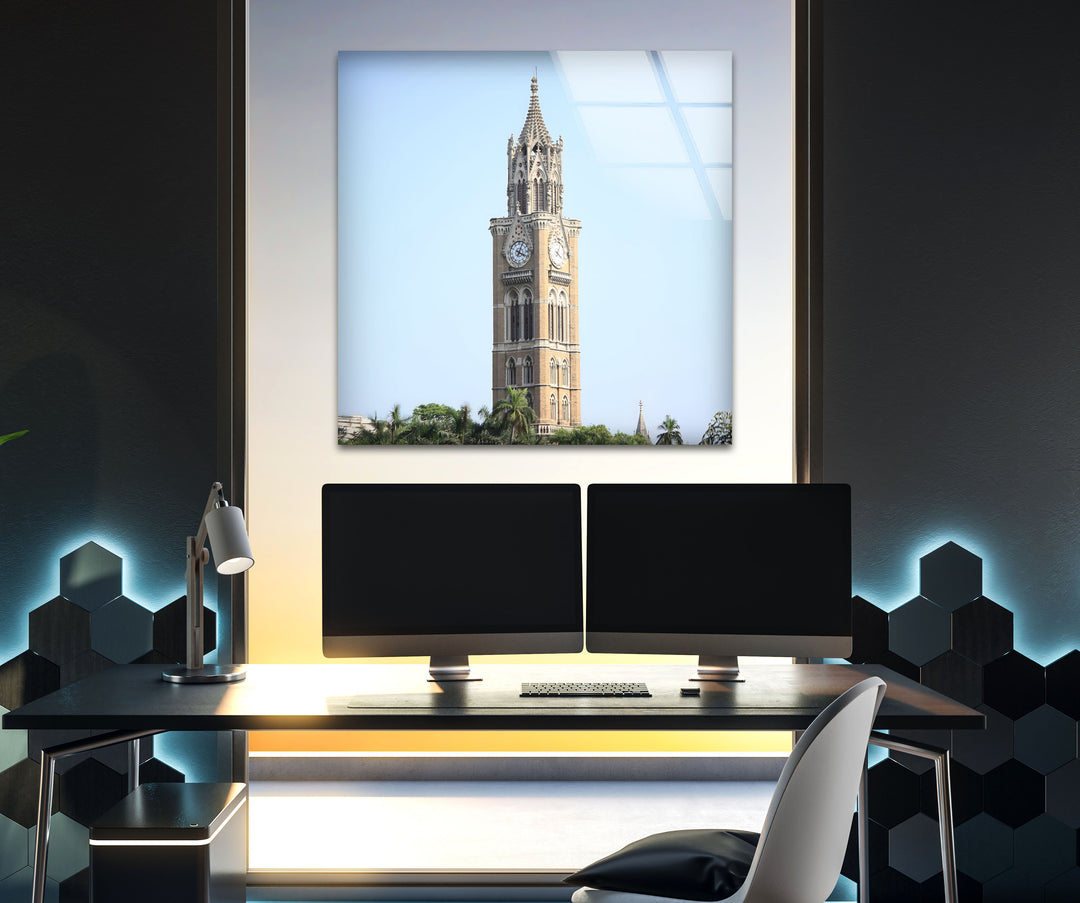 Mumbai Clock Tower Glass Wall Art – Iconic Indian Landmark in Daylight