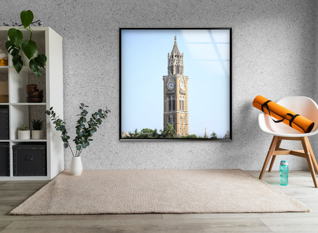 Mumbai Clock Tower Glass Wall Art – Iconic Indian Landmark in Daylight