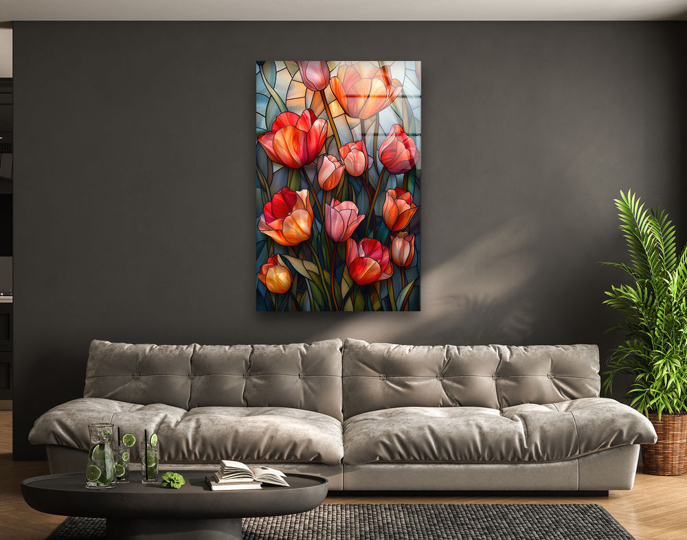 Stained Red Tulips Glass Wall Art, glass wall decor, glass wall art decor