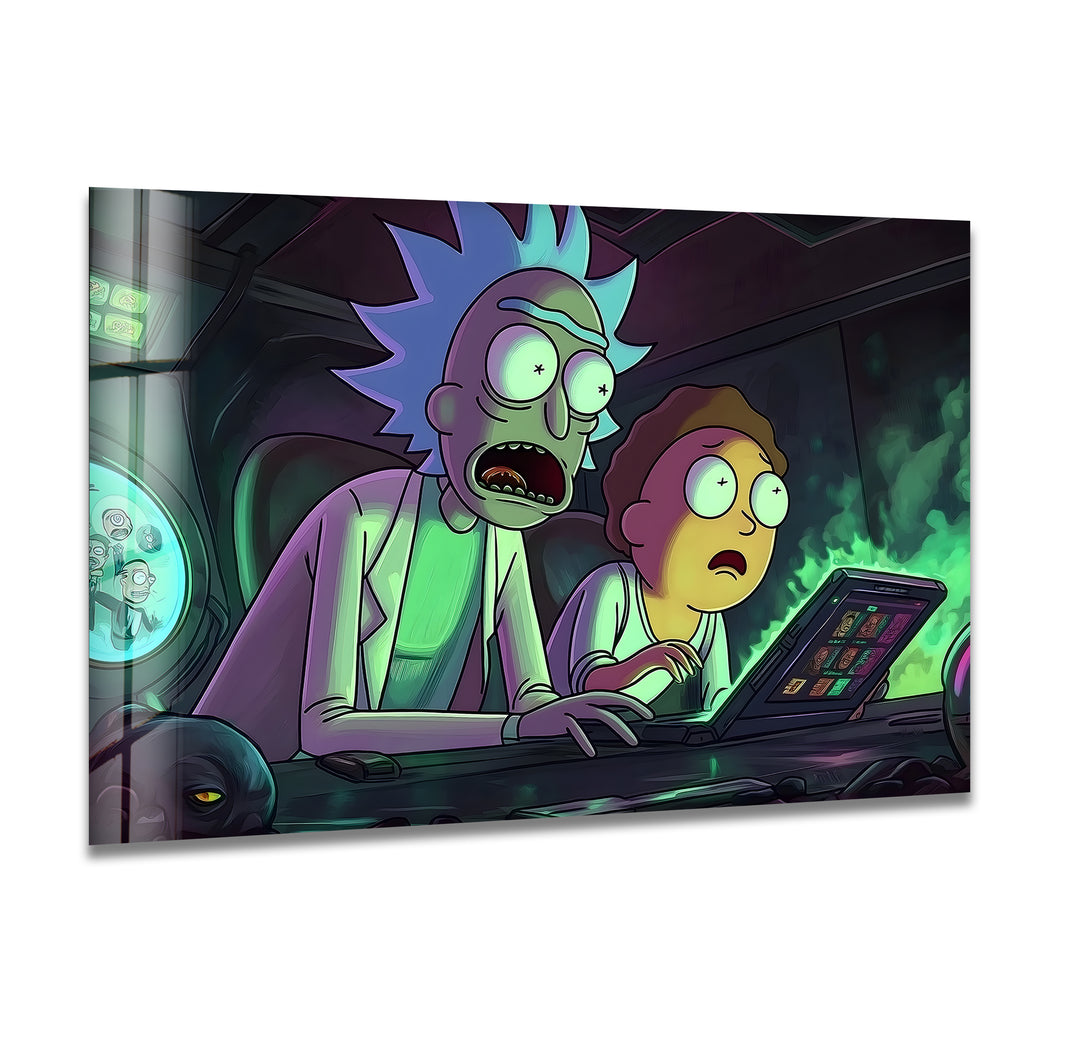 Rick and Morty In Their High-Tech Garage Glass Wall Art print picture on glass, Tempered Glass Wall Art
