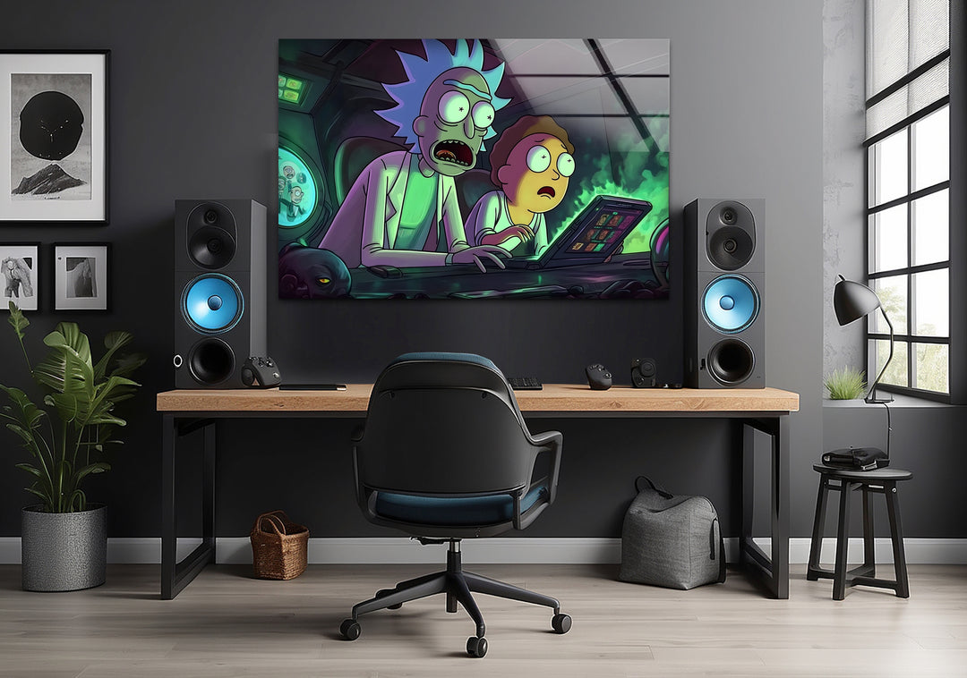 Rick and Morty In Their High-Tech Garage Glass Wall Art custom glass pictures, glass art prints
