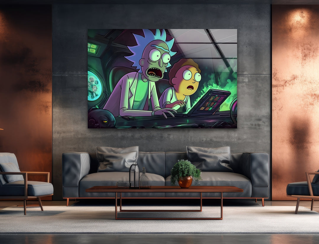 Rick and Morty In Their High-Tech Garage Glass Wall Art glass image printing, glass prints from photos
