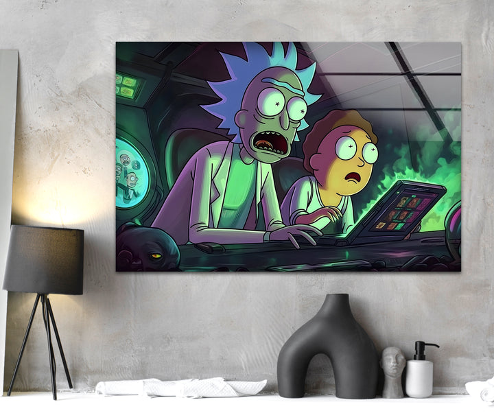 Rick and Morty In Their High-Tech Garage Glass Wall Art glass photo prints, glass picture prints
