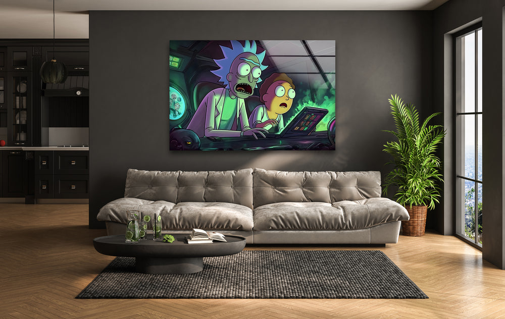 Rick and Morty In Their High-Tech Garage Glass Wall Art print on glass, glass printed photos
