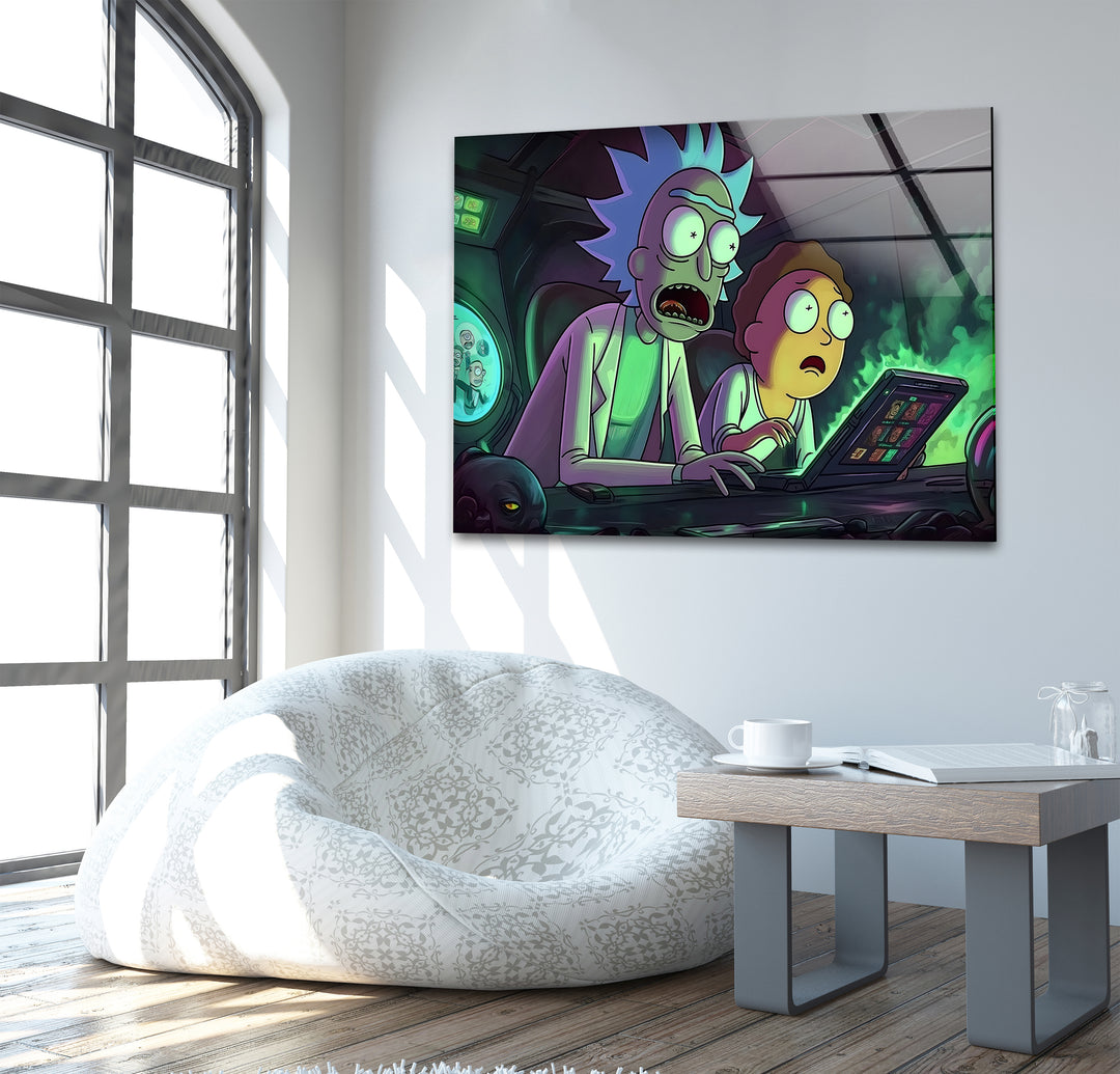 Rick and Morty In Their High-Tech Garage Glass Wall Art picture on glass wall art, photos printed on glass
