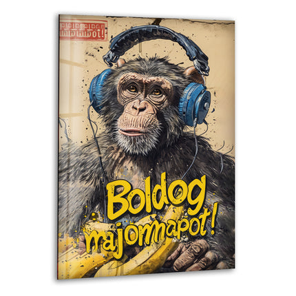 Monkey in Headphones Glass Wall Art. Banksy Art for Sale. 