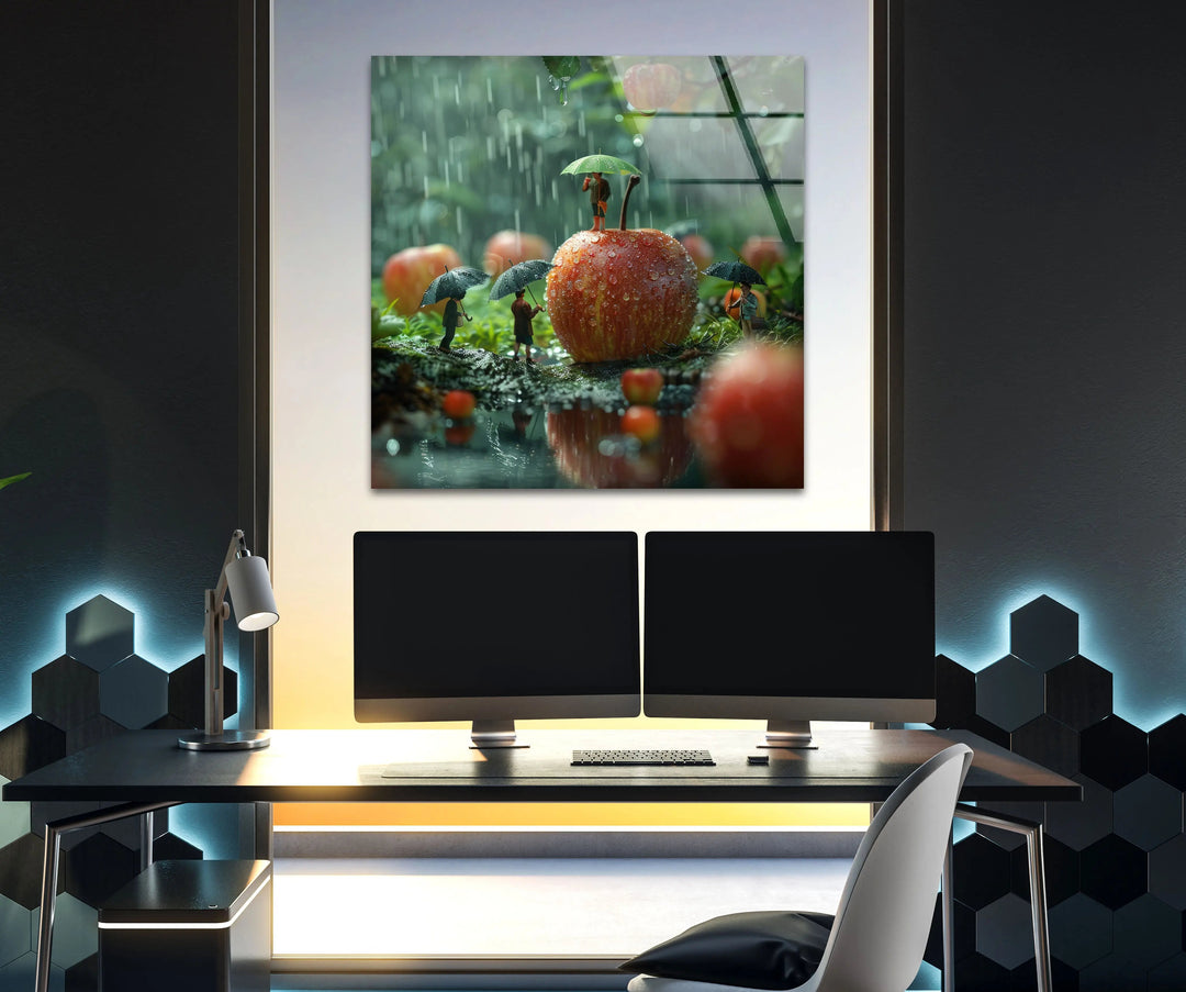 Giant Apples and Tiny Peoples Glass Wall Art