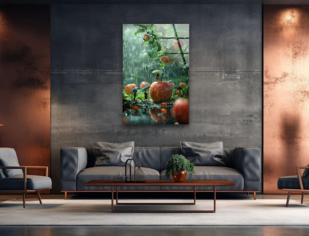 Giant Apples and Tiny Peoples Glass Wall Art