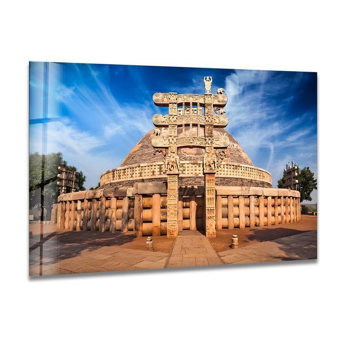 Sanchi Stupa Glass Wall Art – Iconic Indian Landmark at Sunrise