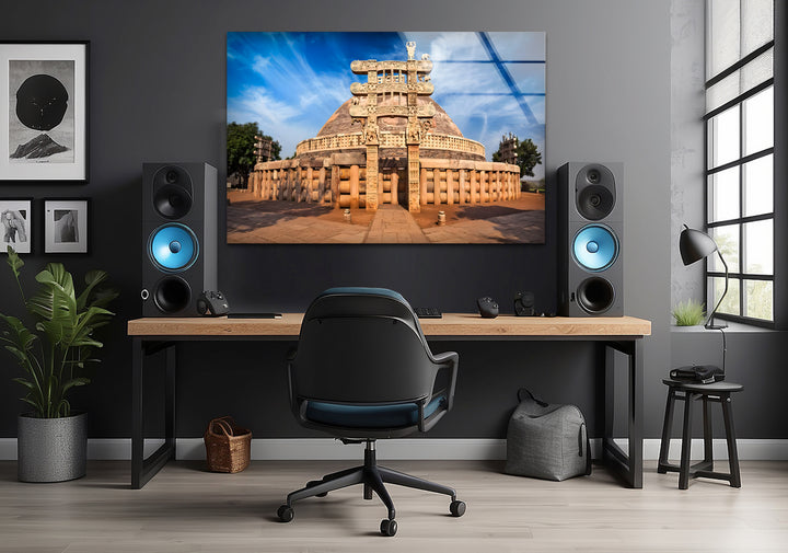 Sanchi Stupa Glass Wall Art – Iconic Indian Landmark at Sunrise