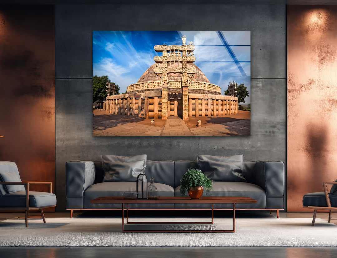 Sanchi Stupa Glass Wall Art – Iconic Indian Landmark at Sunrise