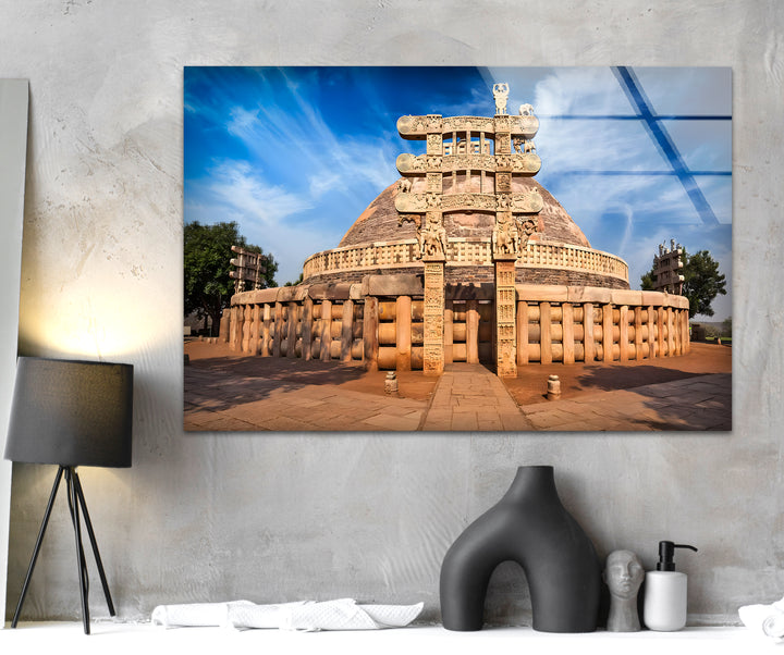 Sanchi Stupa Glass Wall Art – Iconic Indian Landmark at Sunrise