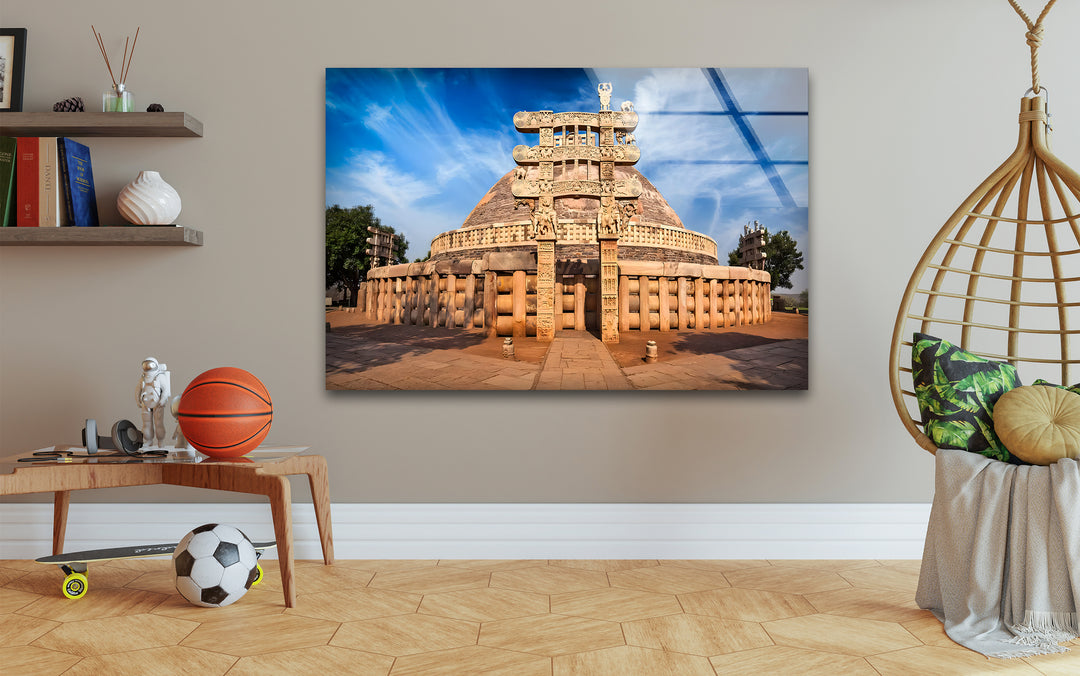 Sanchi Stupa Glass Wall Art – Iconic Indian Landmark at Sunrise