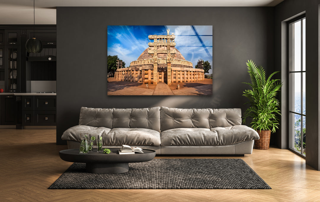 Sanchi Stupa Glass Wall Art – Iconic Indian Landmark at Sunrise