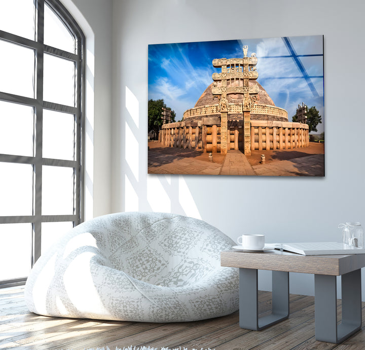 Sanchi Stupa Glass Wall Art – Iconic Indian Landmark at Sunrise