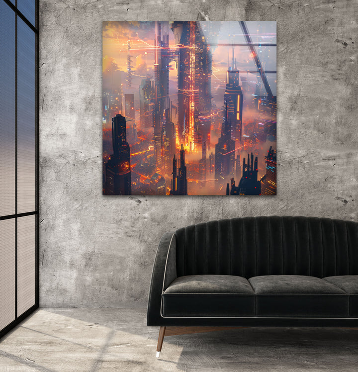 Sci-Fi Magic Skyline Glass Wall Art glass art painting, glass art for the Wall
