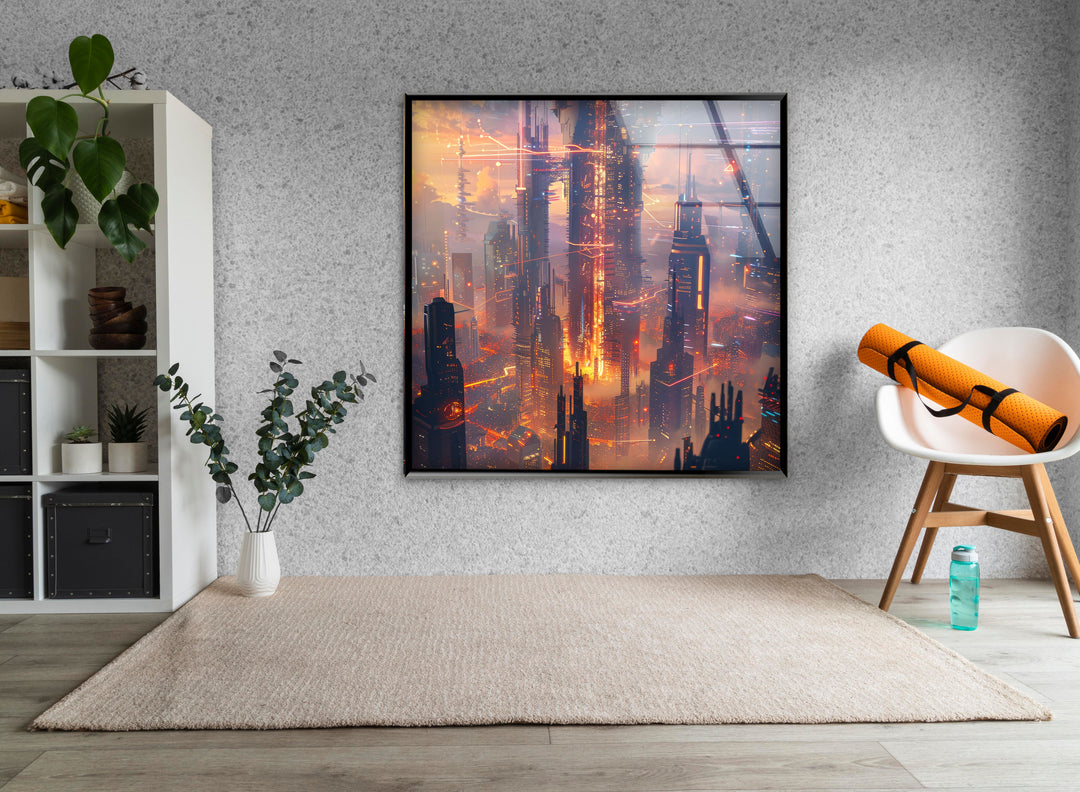 Sci-Fi Magic Skyline Glass Wall Art custom glass pictures, glass art prints
