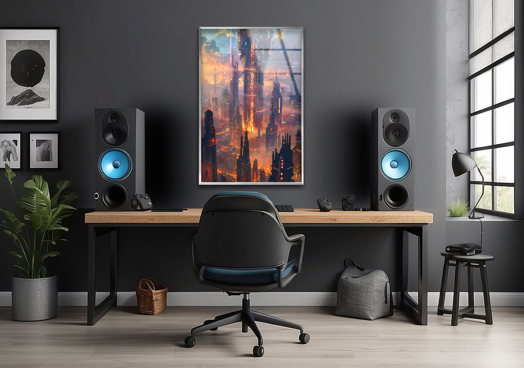 Sci-Fi Magic Skyline Glass Wall Art glass photo prints, glass picture prints
