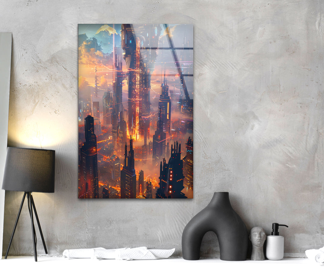 Sci-Fi Magic Skyline Glass Wall Art glass wall decor, glass wall art decor
