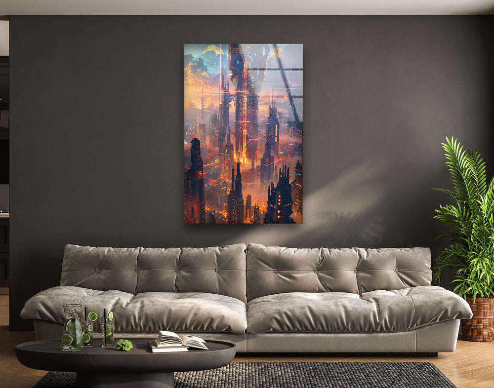 Sci-Fi Magic Skyline Glass Wall Art, art glass wall art, glass wall art pictures