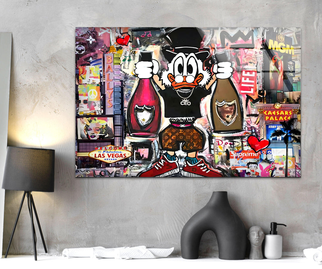 Scrooge in Las Vegas Glass Wall Art custom glass photo prints, large glass prints
