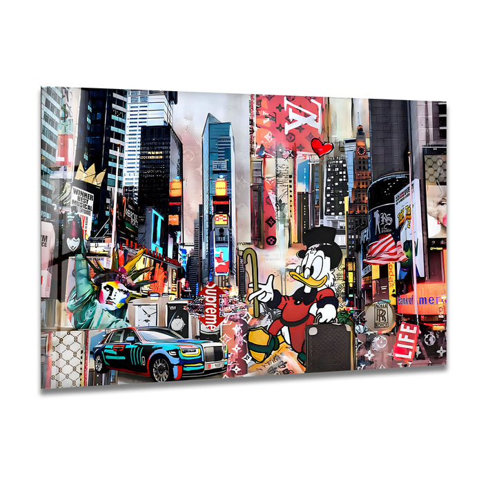 Scrooge in New York Glass Wall Art print picture on glass, Tempered Glass Wall Art
