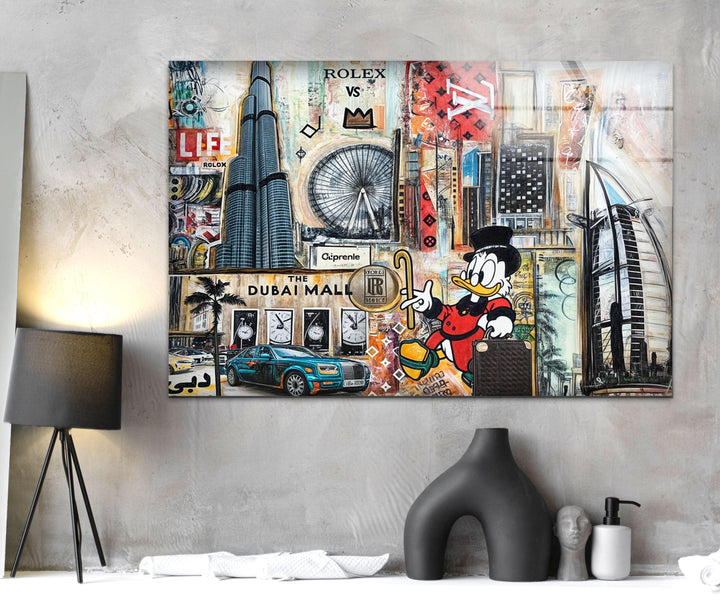 Scrooge In New York City Glass Wall Art custom glass photo prints, large glass prints
