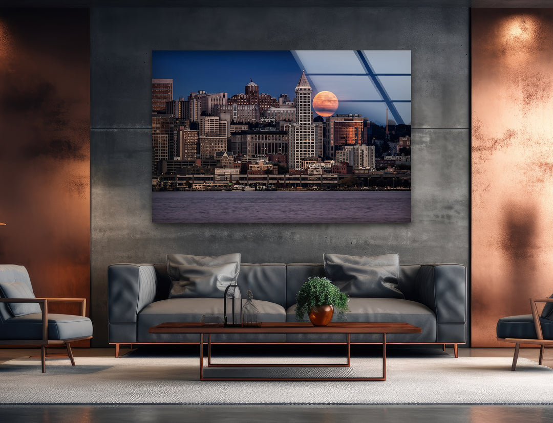 Seattle Skyline Glass Wall Art – Majestic Cityscape with Rising Moon