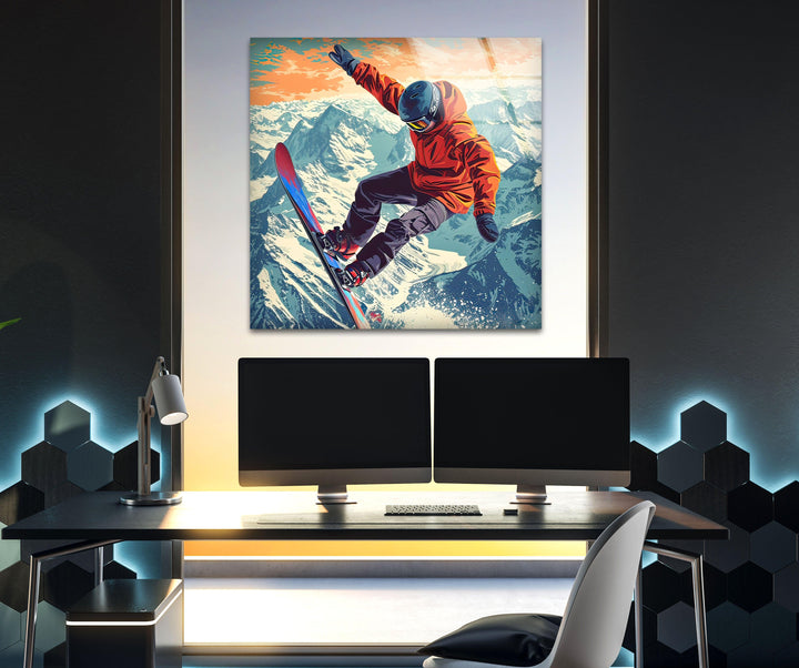 Snowboarding Man Glass Wall Art custom glass pictures, glass art prints
