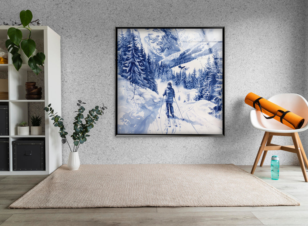 Mountain Skiing Glass Wall Art glass art painting, glass art for the Wall