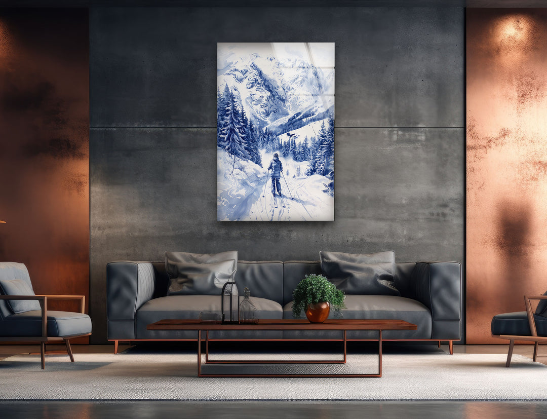 Mountain Skiing Glass Wall Art print on glass, glass printed photos