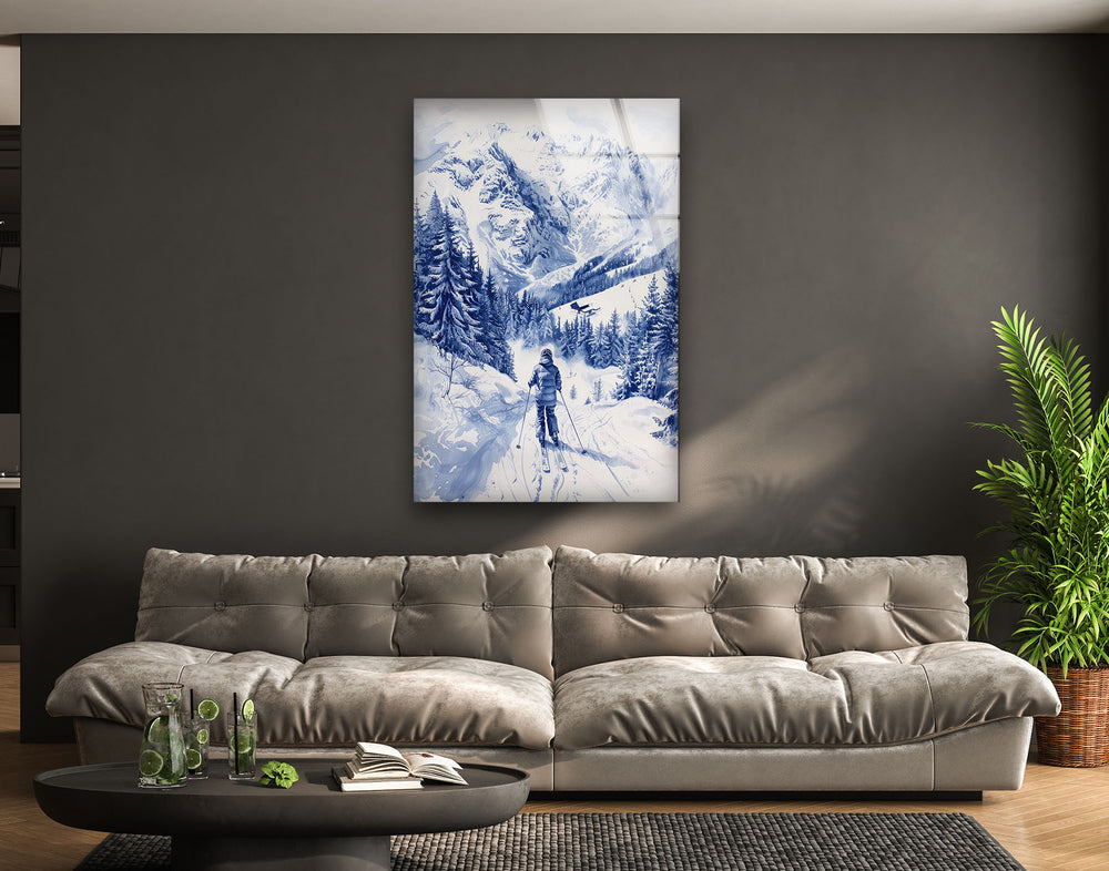 Mountain Skiing Glass Wall Art photo print on glass, prints on glass wall art