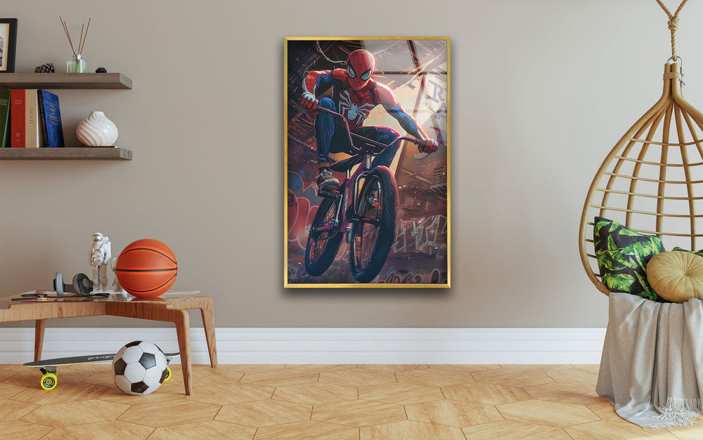 Spider Man with BMX Glass Wall Art glass wall decor, glass wall art decor
