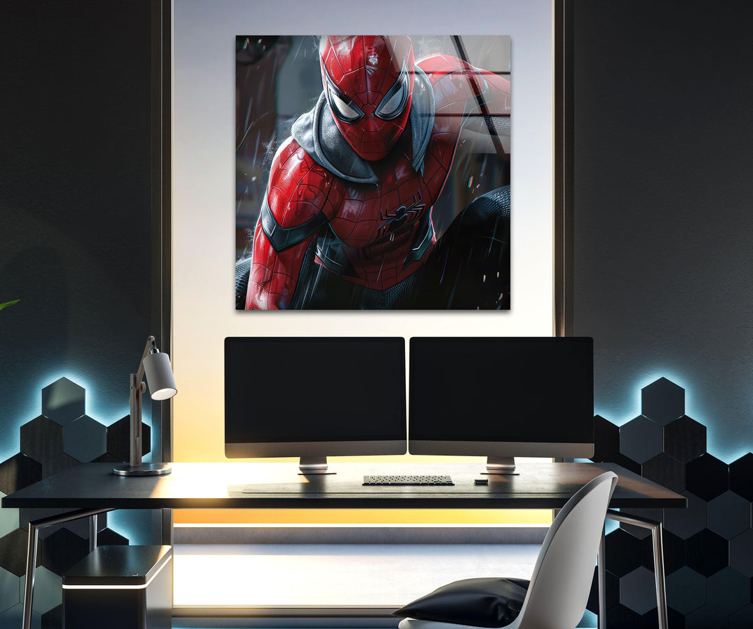 Spider-Man in the Rain Glass Wall Art, custom glass photo prints, large glass prints