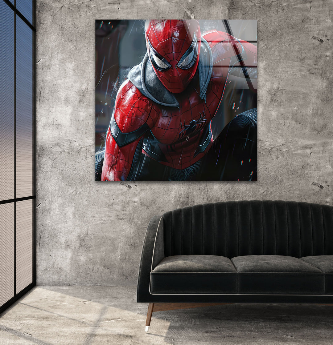 Spider-Man in the Rain Glass Wall Art, custom glass pictures, glass art prints