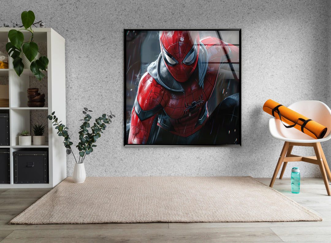 Spider-Man in the Rain Glass Wall Art, art glass wall art, glass wall art pictures