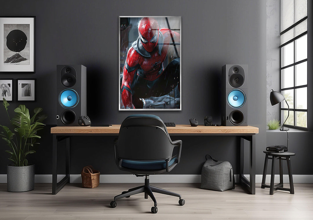 Spider-Man in the Rain Glass Wall Art, glass pictures for Wall, glass prints wall art