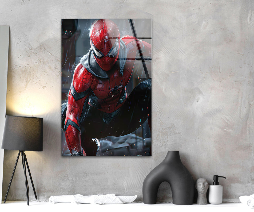 Spider-Man in the Rain Glass Wall Art, glass art painting, glass art for the Wall